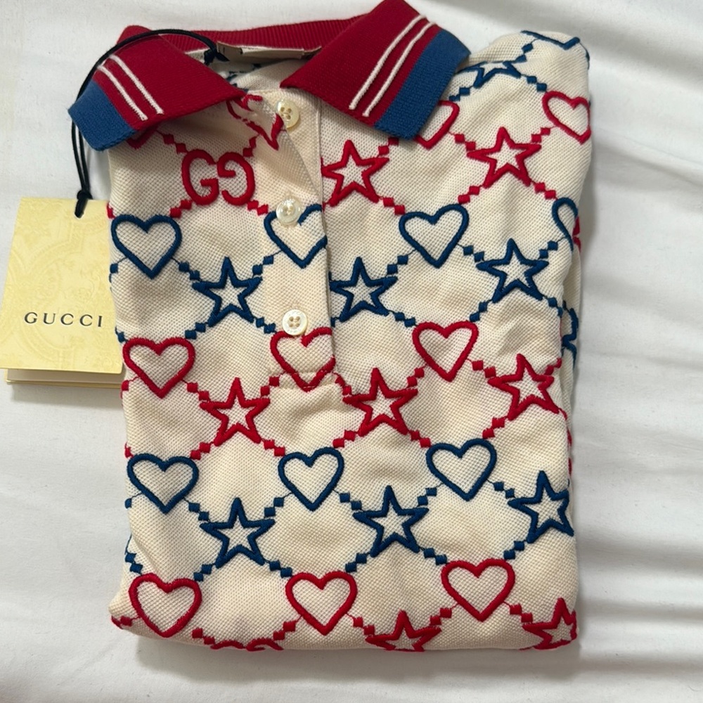 Gucci Cream Polo with Red and Blue Patterns